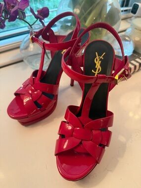 Saint Laurent Pink Patent Leather Knot Platform Sandals